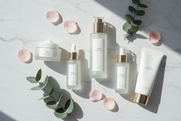 Elegant skincare bottles with eucalyptus and rose petals, promoting glowing skin