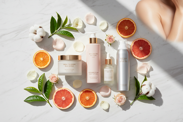 Korean skincare products with citrus and floral accents on marble