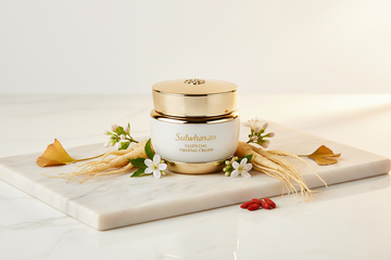Elegant Sulwhasoo Firming Cream on marble surface with flowers and herbs.