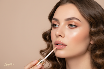 editorial beauty photography of a woman gently applying lip gloss with a makeup wand, flawless glowing skin, soft neutral glam makeup, plain pastel nude background, peach and beige tones, elegant lighting, woman and makeup application as the focus, luxury cosmetic brand aesthetic, modern feminine website wallpaper