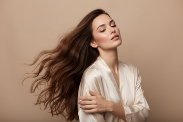 elegant beauty photography of a woman softly running her fingers through her long healthy hair, subtle movement, natural makeup, plain soft beige background, pastel nude color palette, gentle lighting highlighting hair texture, woman and hair care action as the focus, luxury modern hair care aesthetic, website category hero image